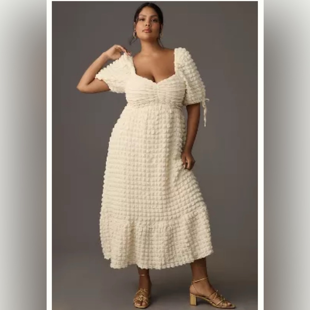 Anthropologie Puff Sleeve Textured Midi Dresss
